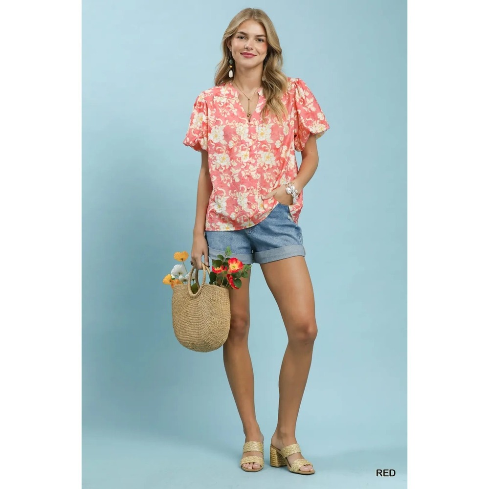 Umgee Floral Button-Front Short Sleeve Shirt Large - Picture 5 of 5